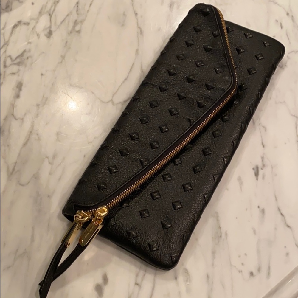 Henri Bendel black leather studded clutch bag